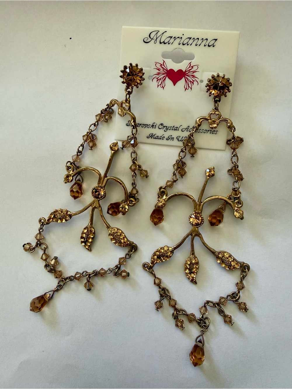 Mariana Swarovski Gold tone and Amber Teardrop Chandelier Earrings